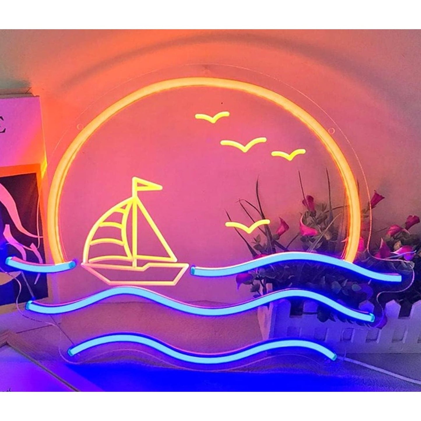 Lovely Bright Pink Little Sail Boat on the Sea w/ Sunset LED NightRoom Wall Deco