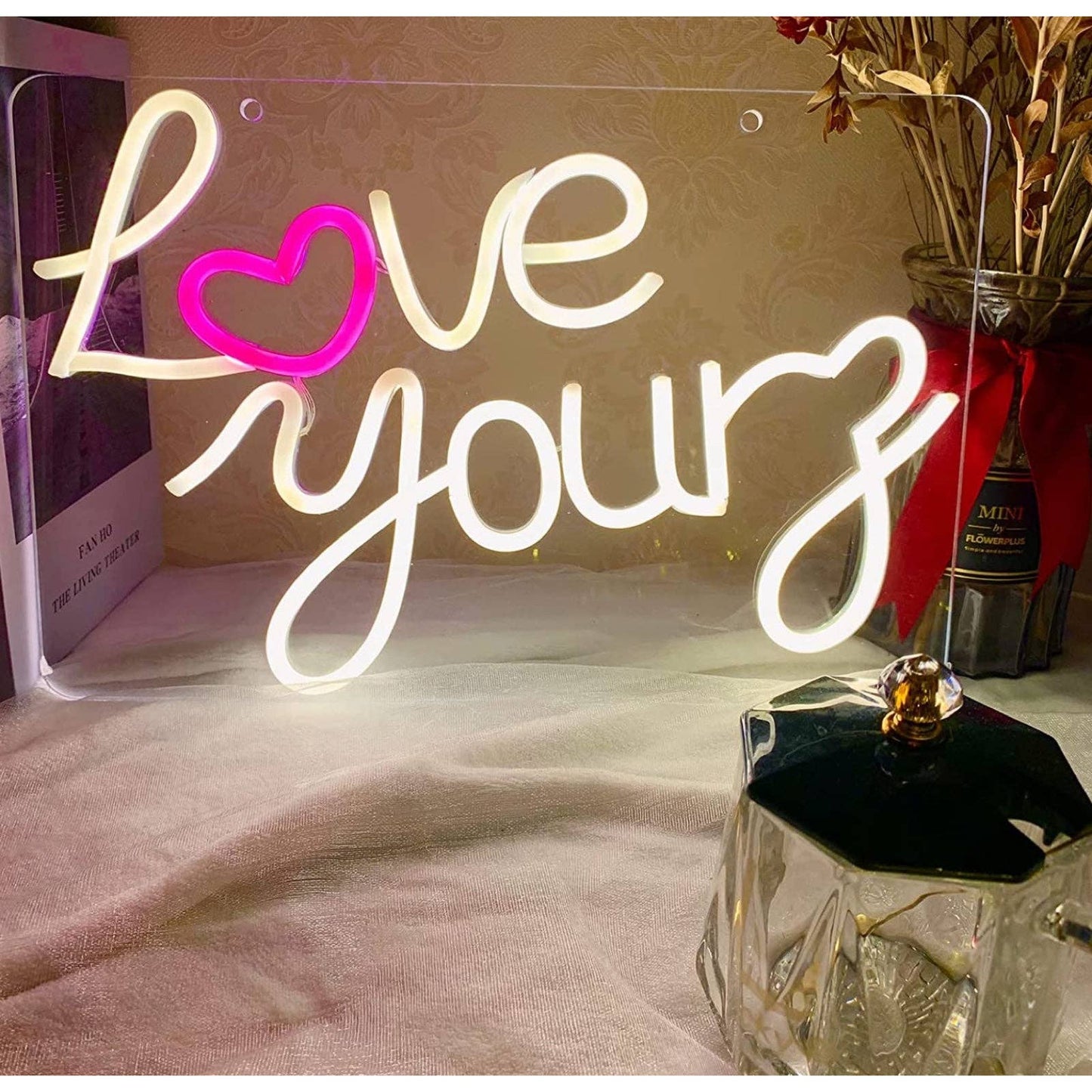 Lovely Bright Warm White “Love Yourz” Pink Heart LED Night Light Room Wall Decor