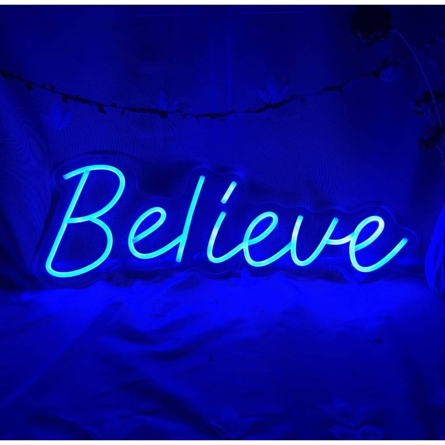 Large Bright Blue “Believe” LED Night Light Wall Room Motivation Decoration