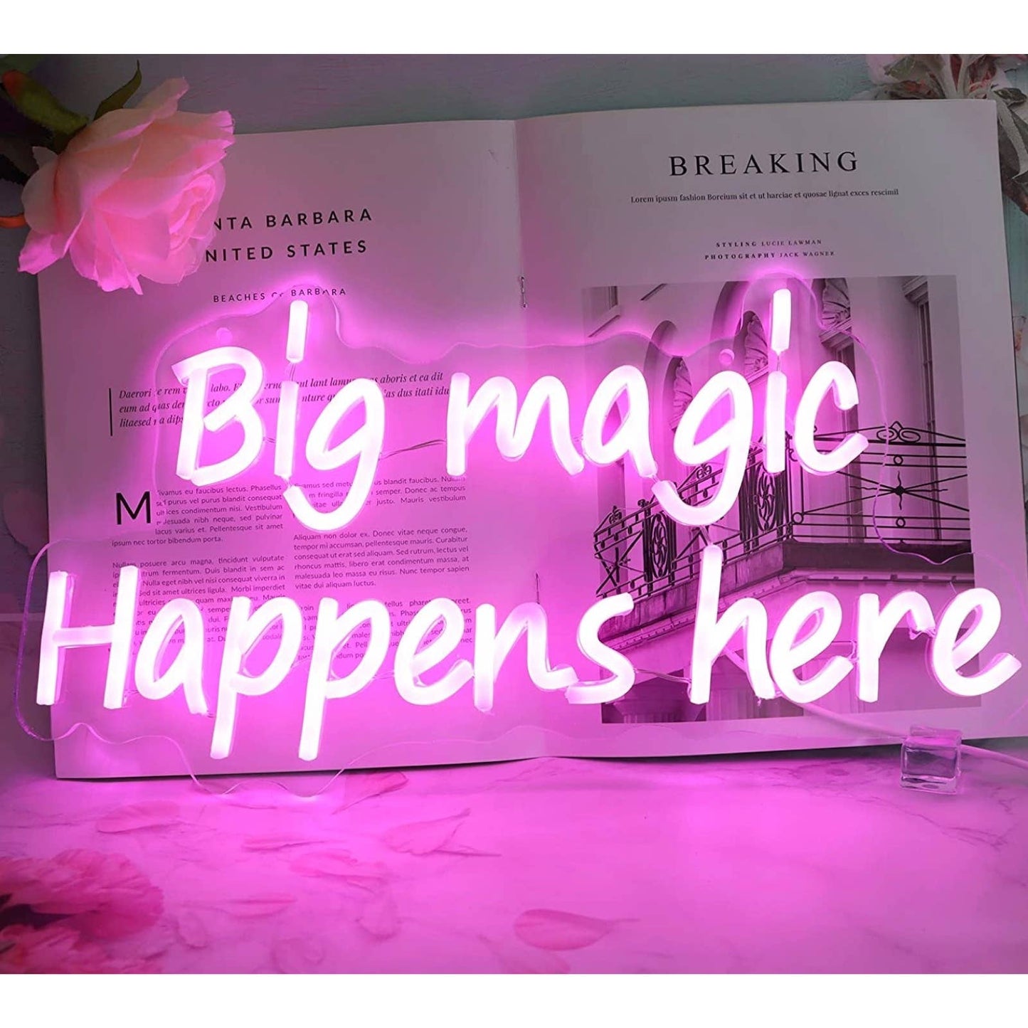 Lovely Bright Pink “Big Magic Happens Here” LED Night Light Room Wall Decoration