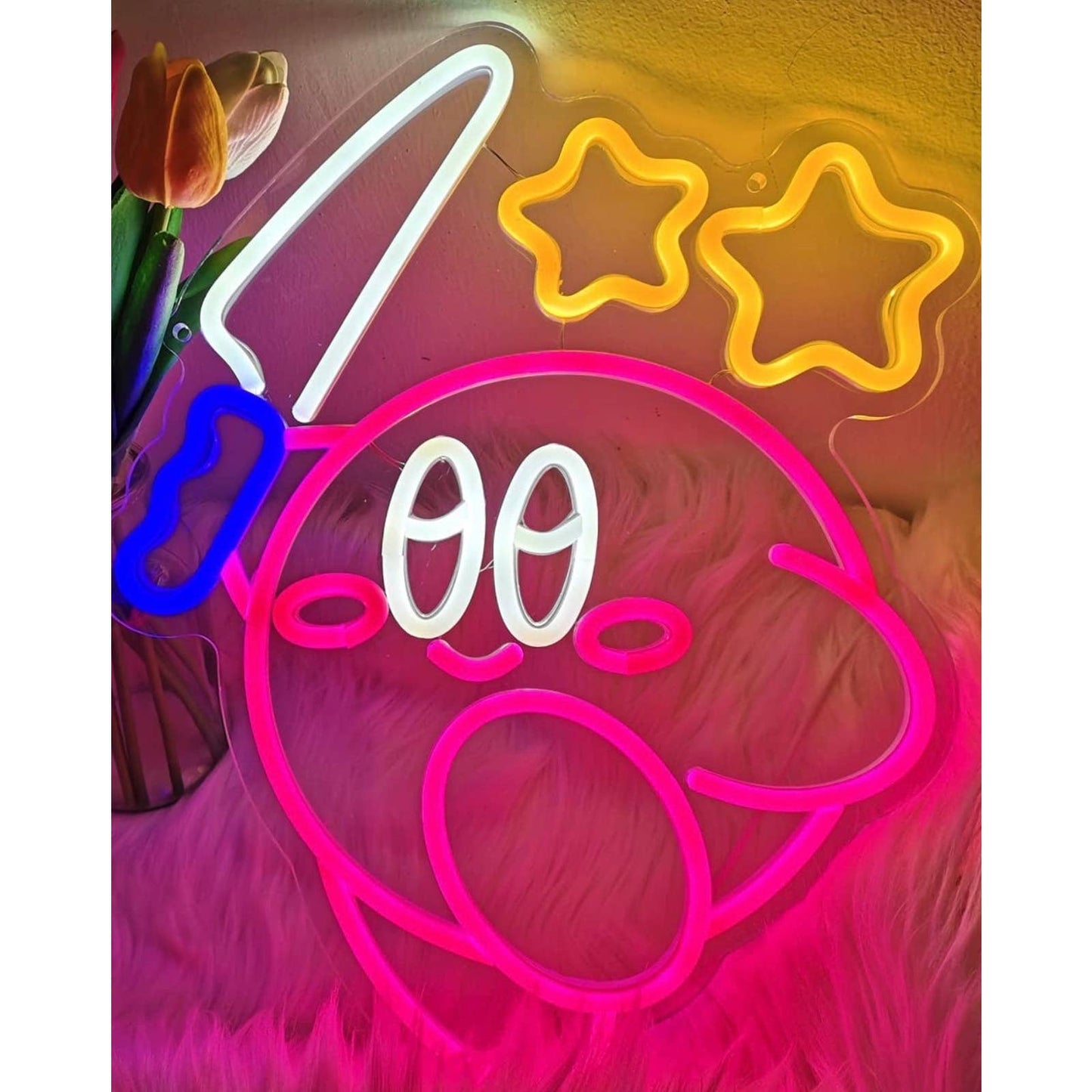 Cute Fun Bright Kirby with Knife Under Stars LED Night Light Video Game Decorati