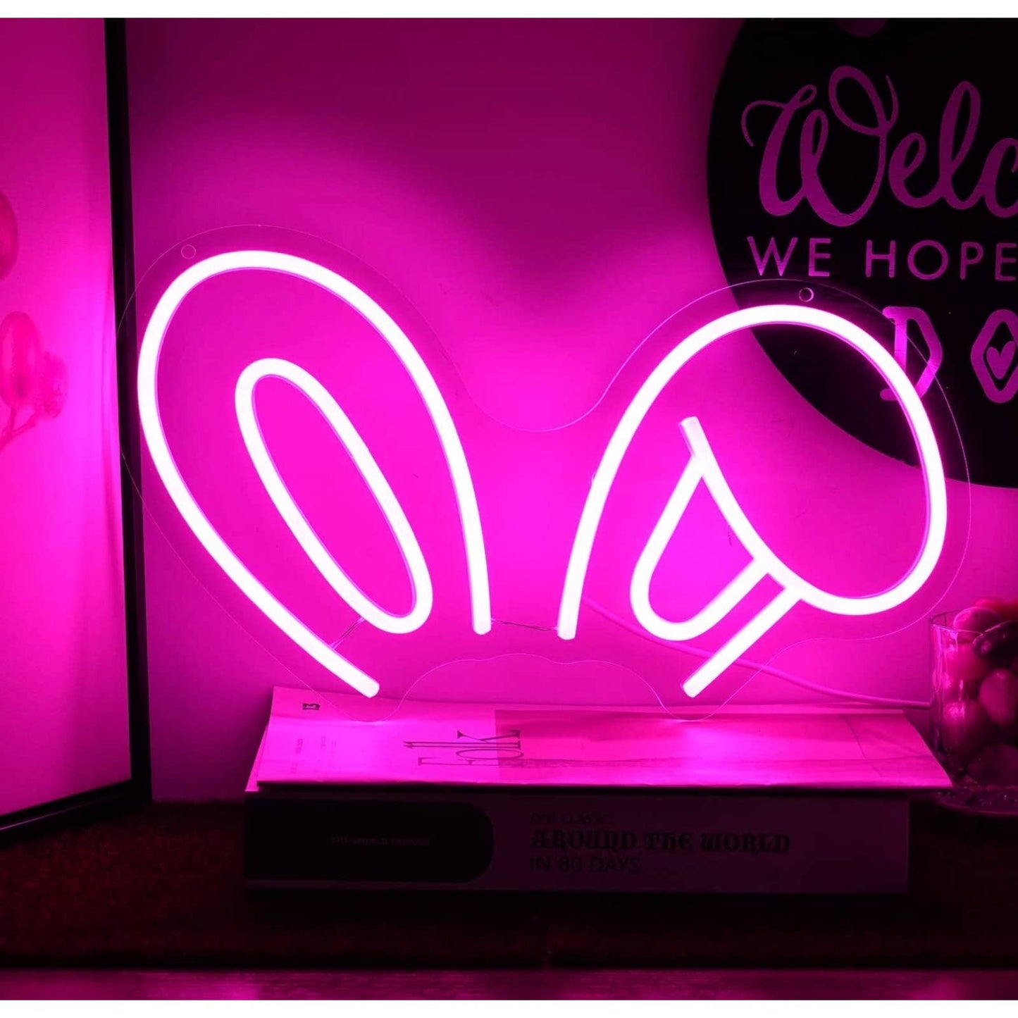Lovely Bright Pink Bunny Ears LED Night Light Room Wall Decoration