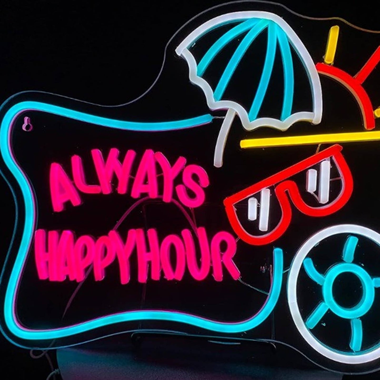 Fun Bright “Always Happy Hour” Sun Shades Beach Umbrella Sunset LED Light