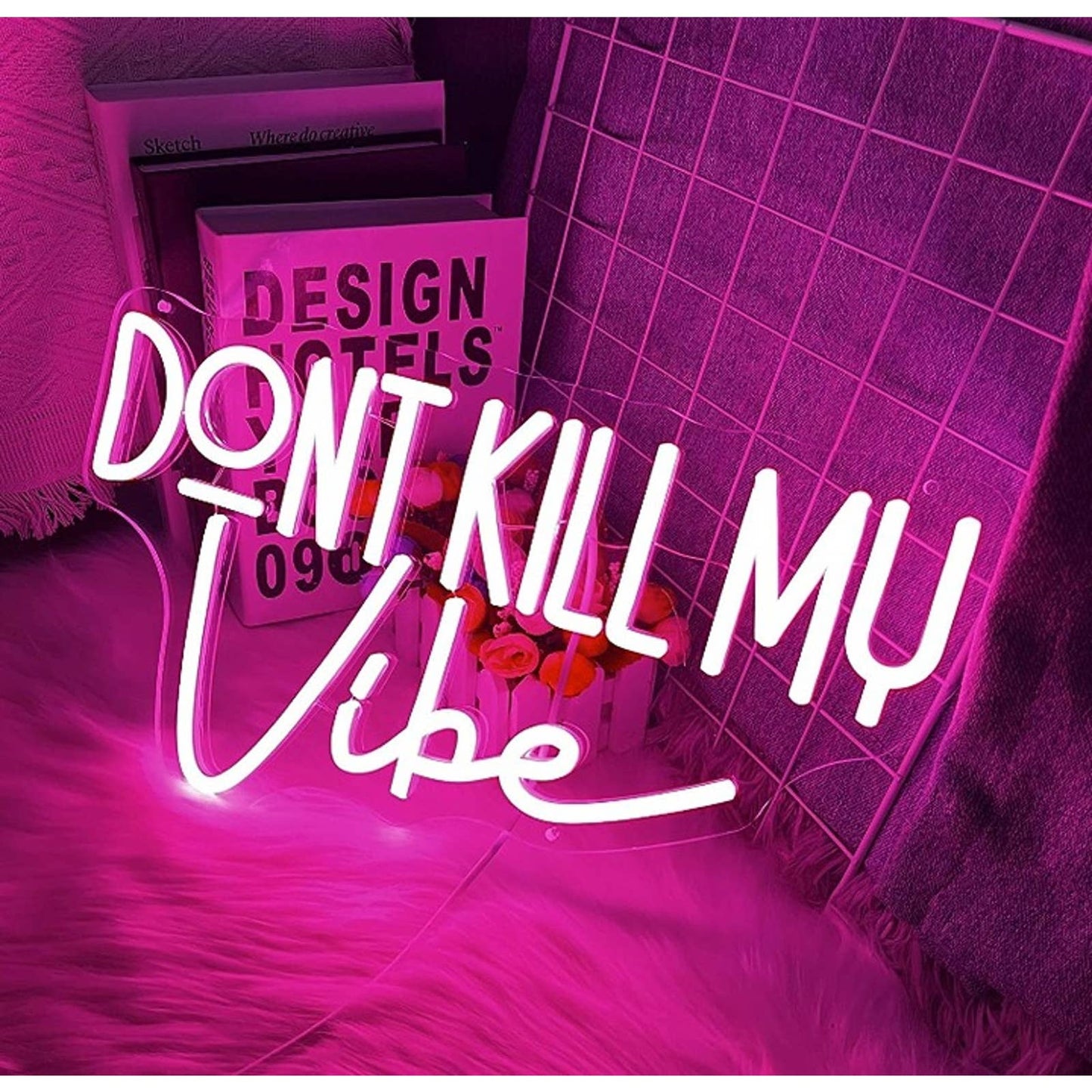 Lovely Fun Bright Pink “Don’t Kill My Vibe” LED Night Light Party Room Wall Deco