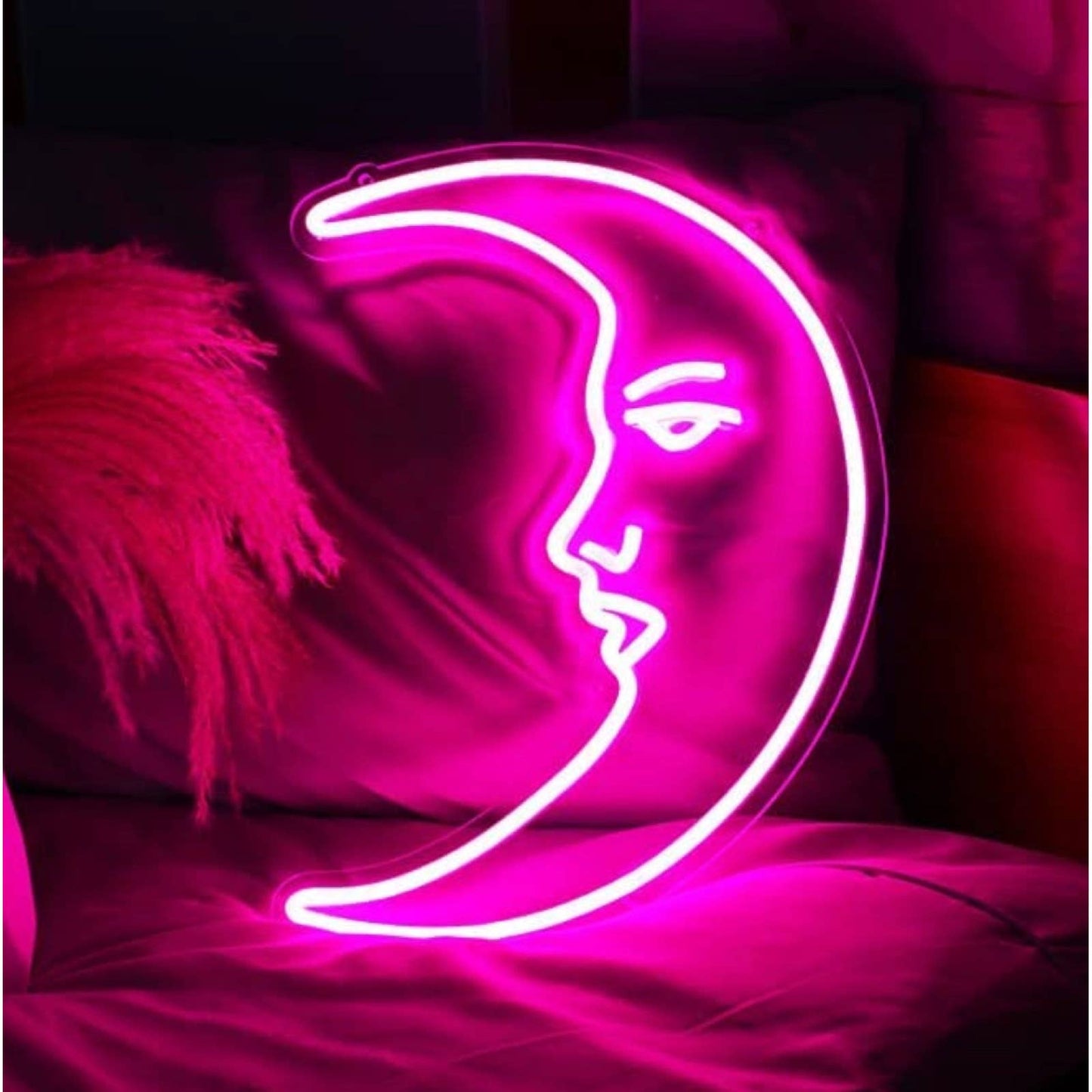 Lovely Bright Pink Moon with a Face LED Night Light Room Wall Decor