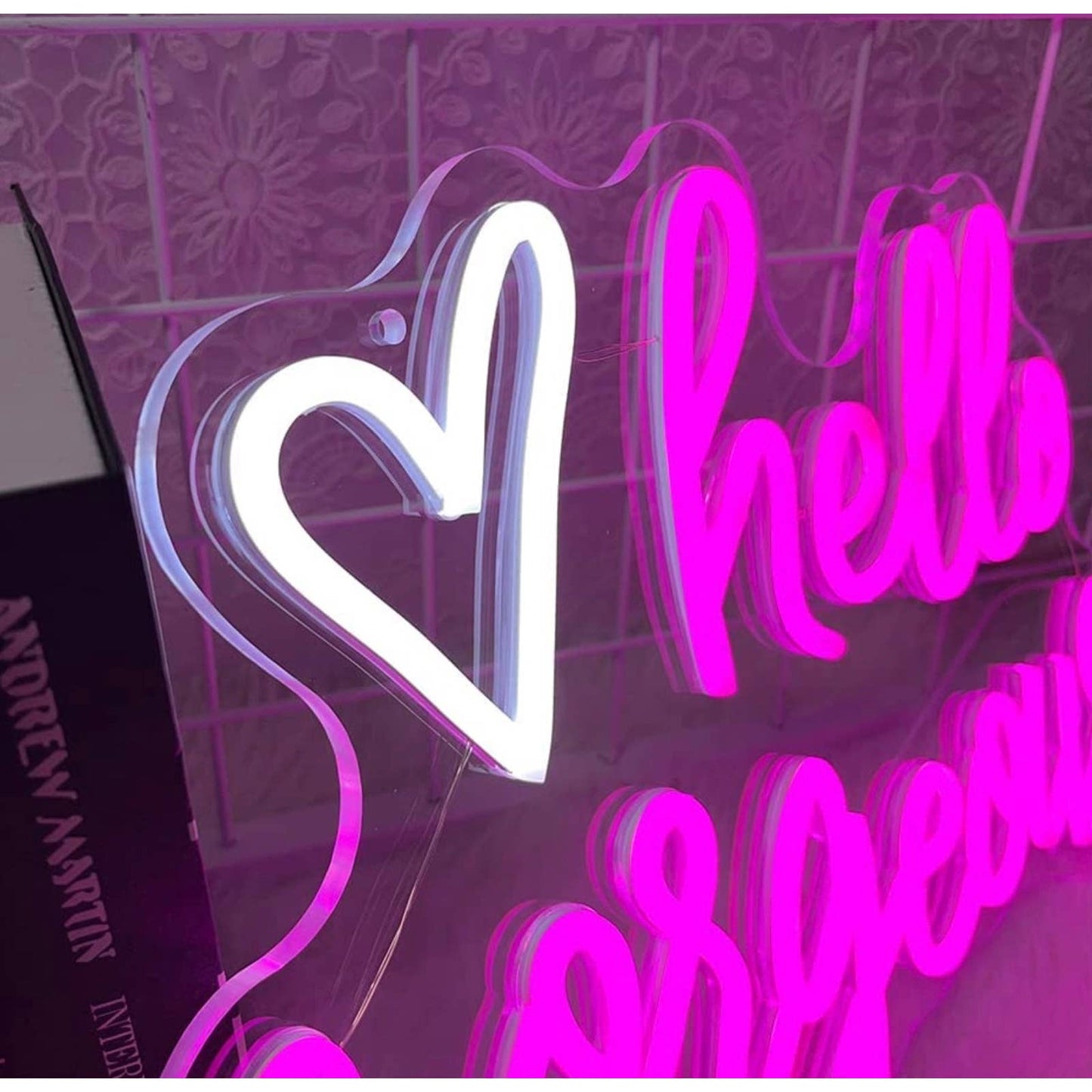 Adorable Bright Hot Pink Hello Gorgeous White Heart LED Night Light Room Wall De