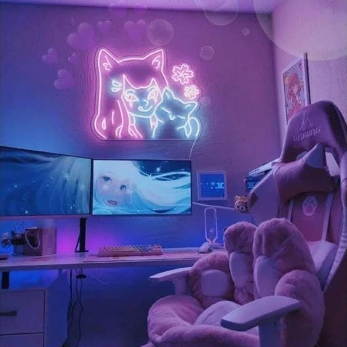 Adorable Cute Large Bright Cat Girl & Her Kitty LED Night Light Anime Room Wall