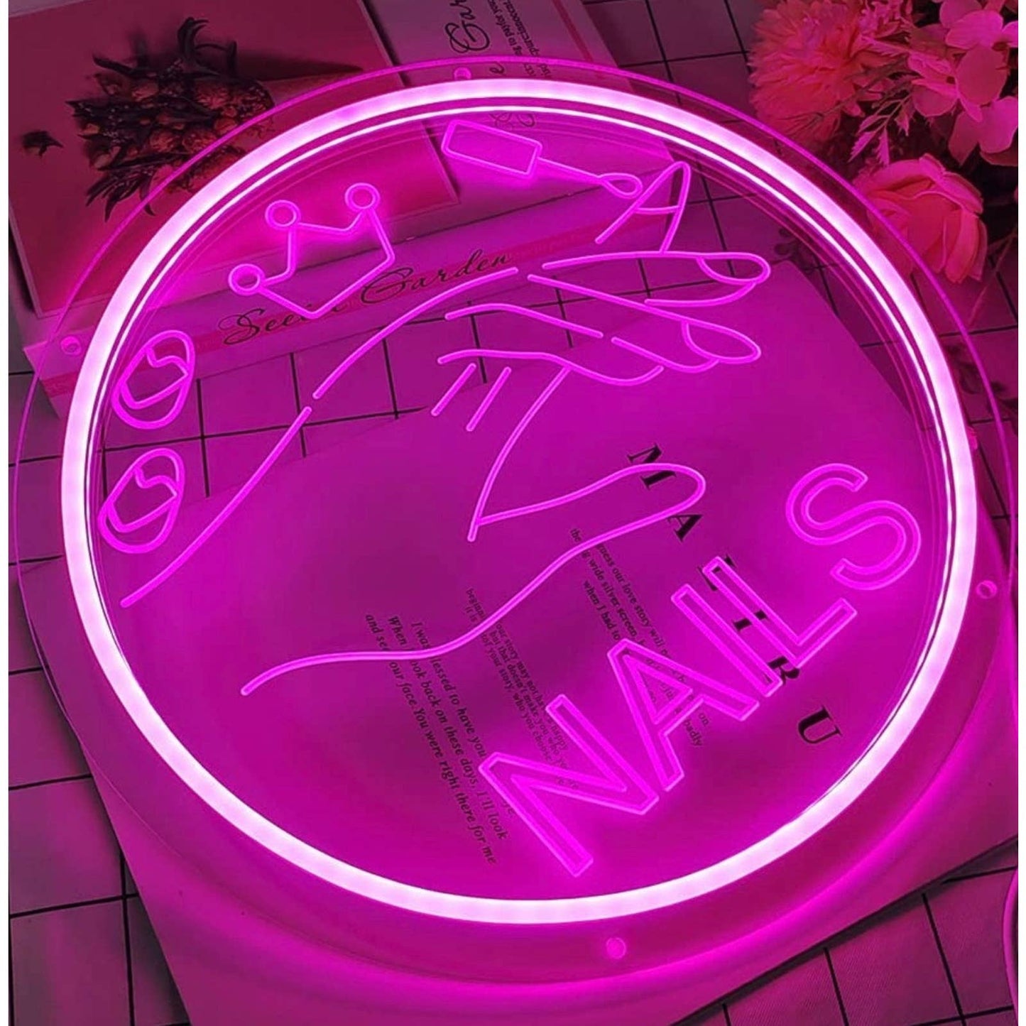 Lovely Bright Pink Nails Salon Spa LED Light Business Wall Decoration