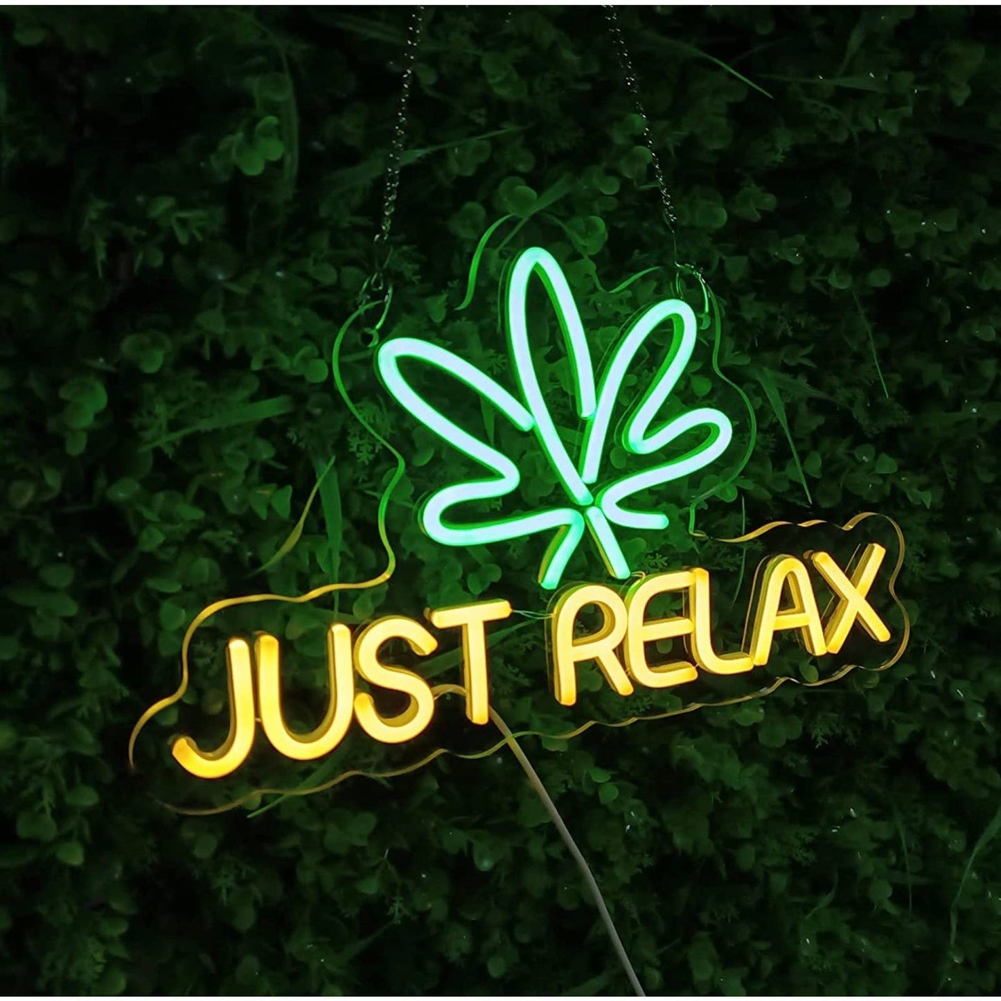 Bright Warm White / Green Just Relax Plant LED Night Light Sign Room Wall Decor
