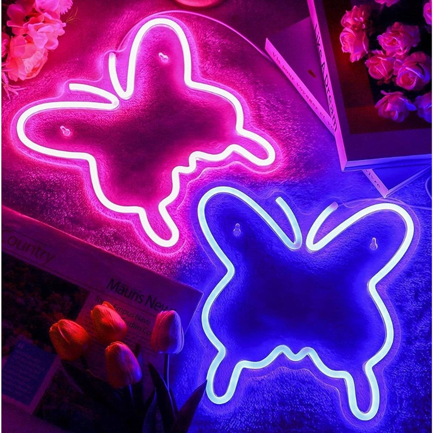 Adorable Vivid Bright Pink/Blue Butterfly Bundle Set LED Night Light Room Wall D