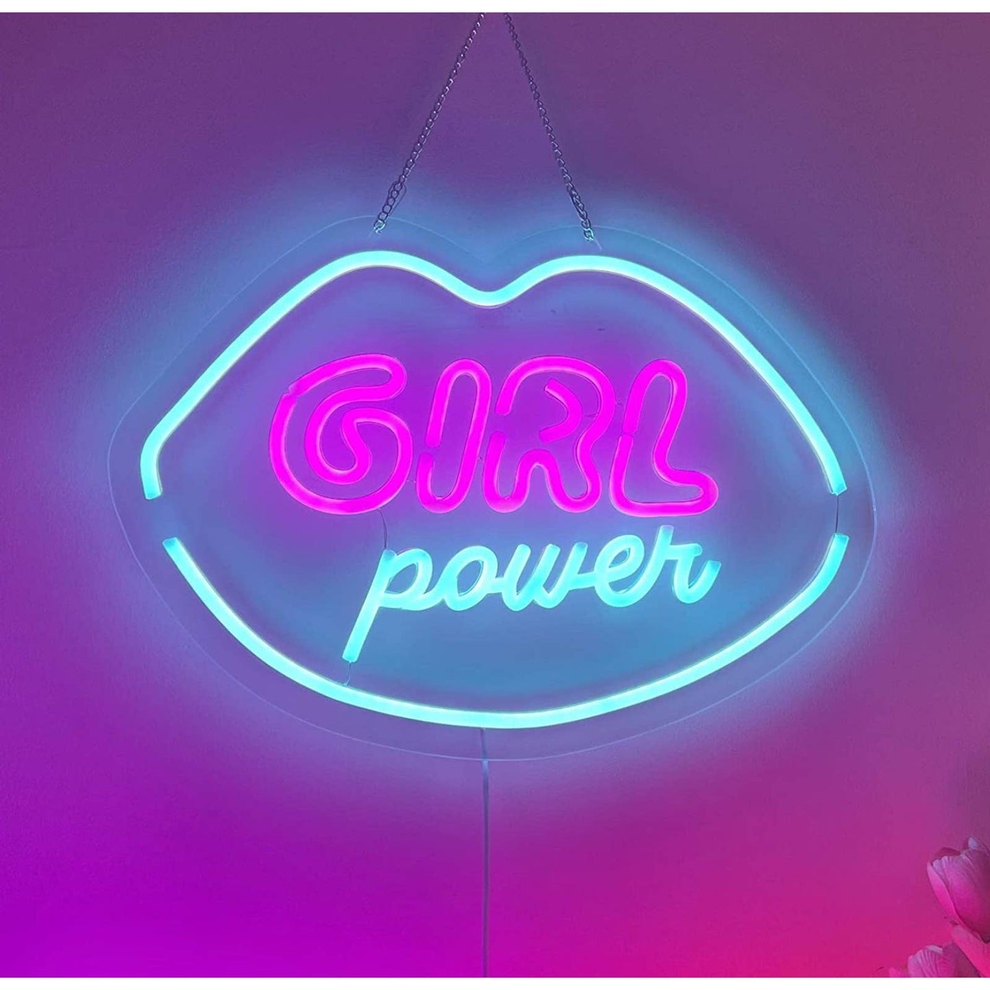 Lovely Pink / Blue Girl Power Lips LED Night Light Sign Room Wall Decor