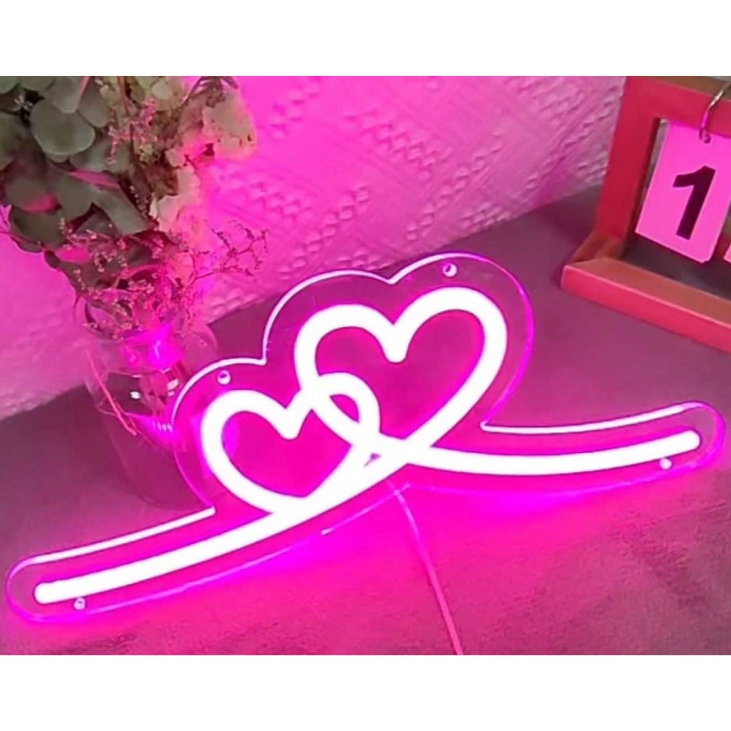 Lovely Bright Pink Double Heart Loop LED Night Light Room Wall Decoration