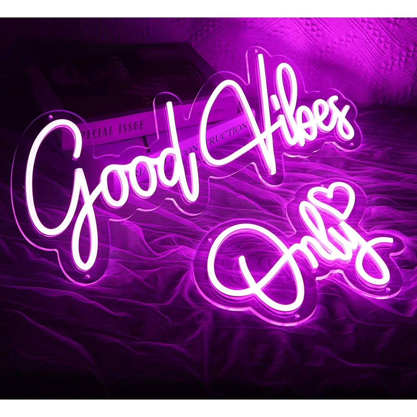 Lovely Bright Vivid Pink Heart “Good Vibes Only” LED Night Light Room Wall Decor