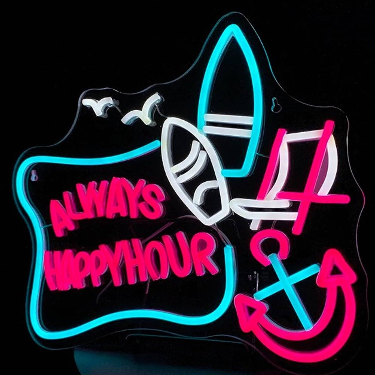Vivid Fun Bright Blue “Always Happy Hour” Surfboard Beach Chair Anchor LED Light