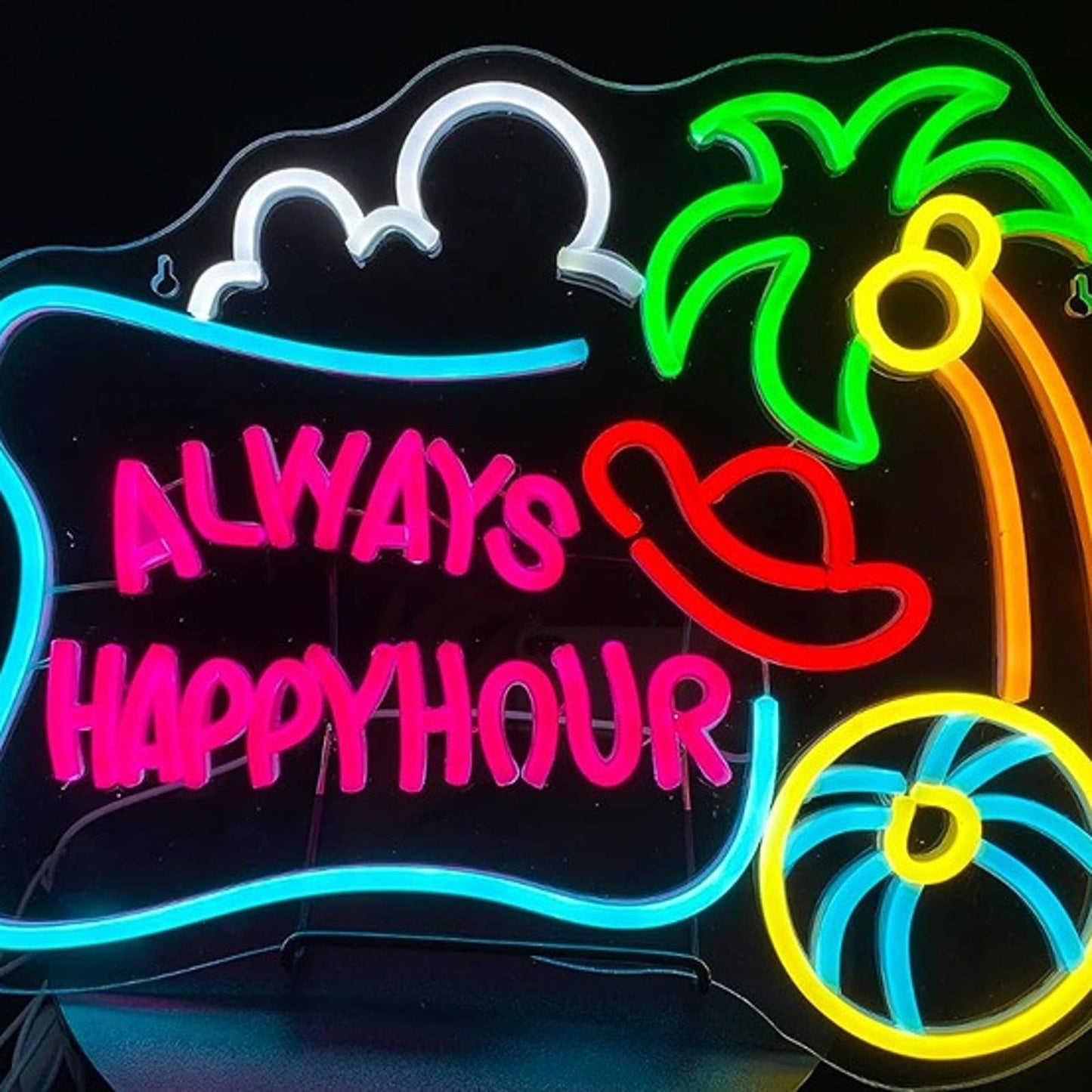 Fun Colorful “Always Happy Hour” Hat Beach Ball Coconut Tree LED Light Sign