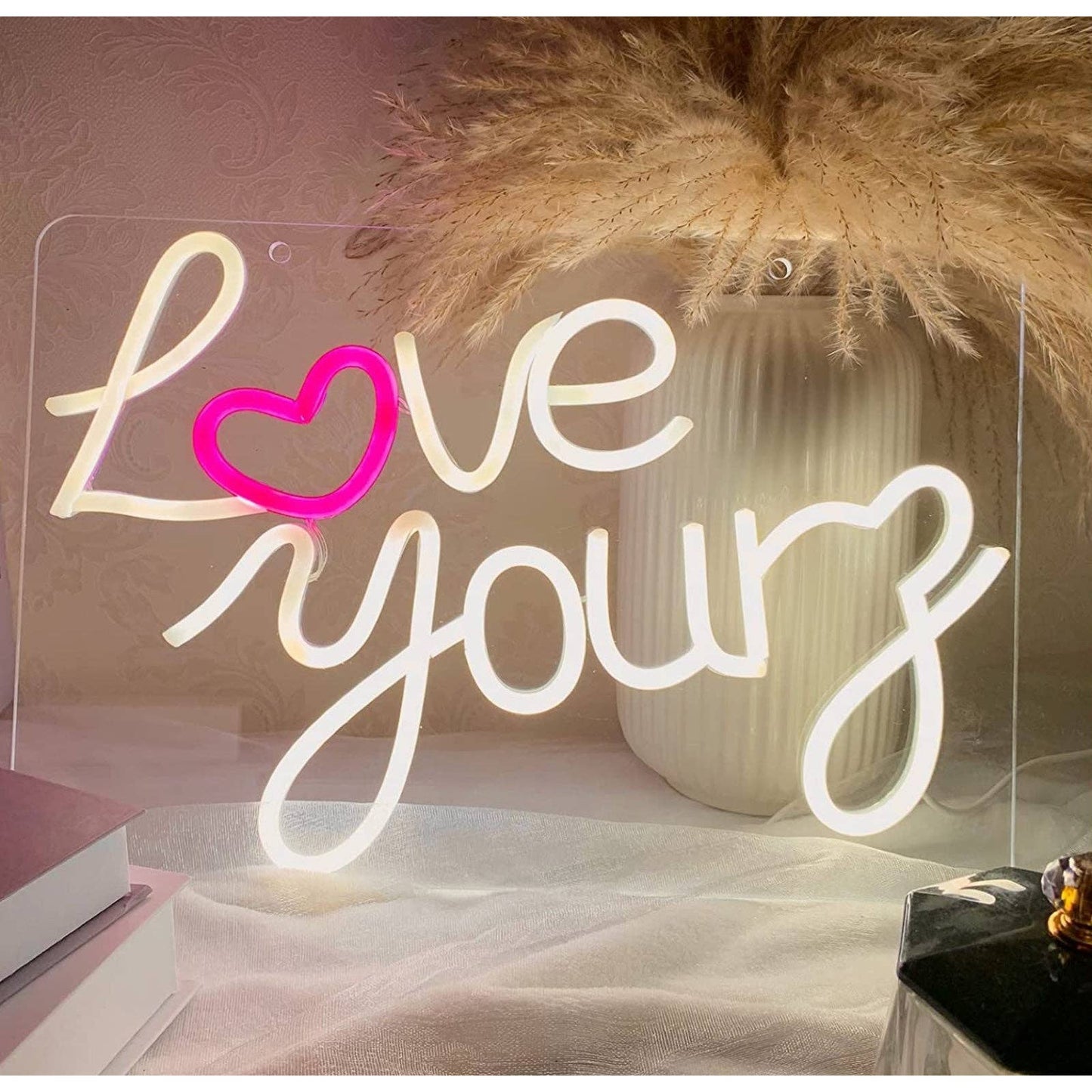 Lovely Bright Warm White “Love Yourz” Pink Heart LED Night Light Room Wall Decor