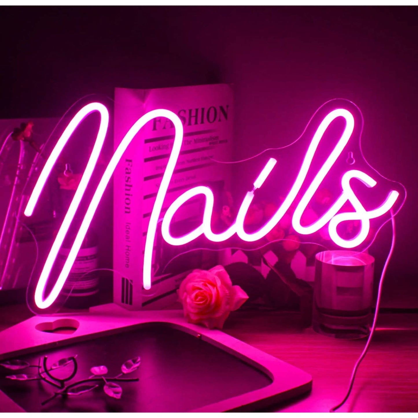 Lovely Bright Pink Cursive Nails LED Night Light Sign Spa Room Wall Decoration