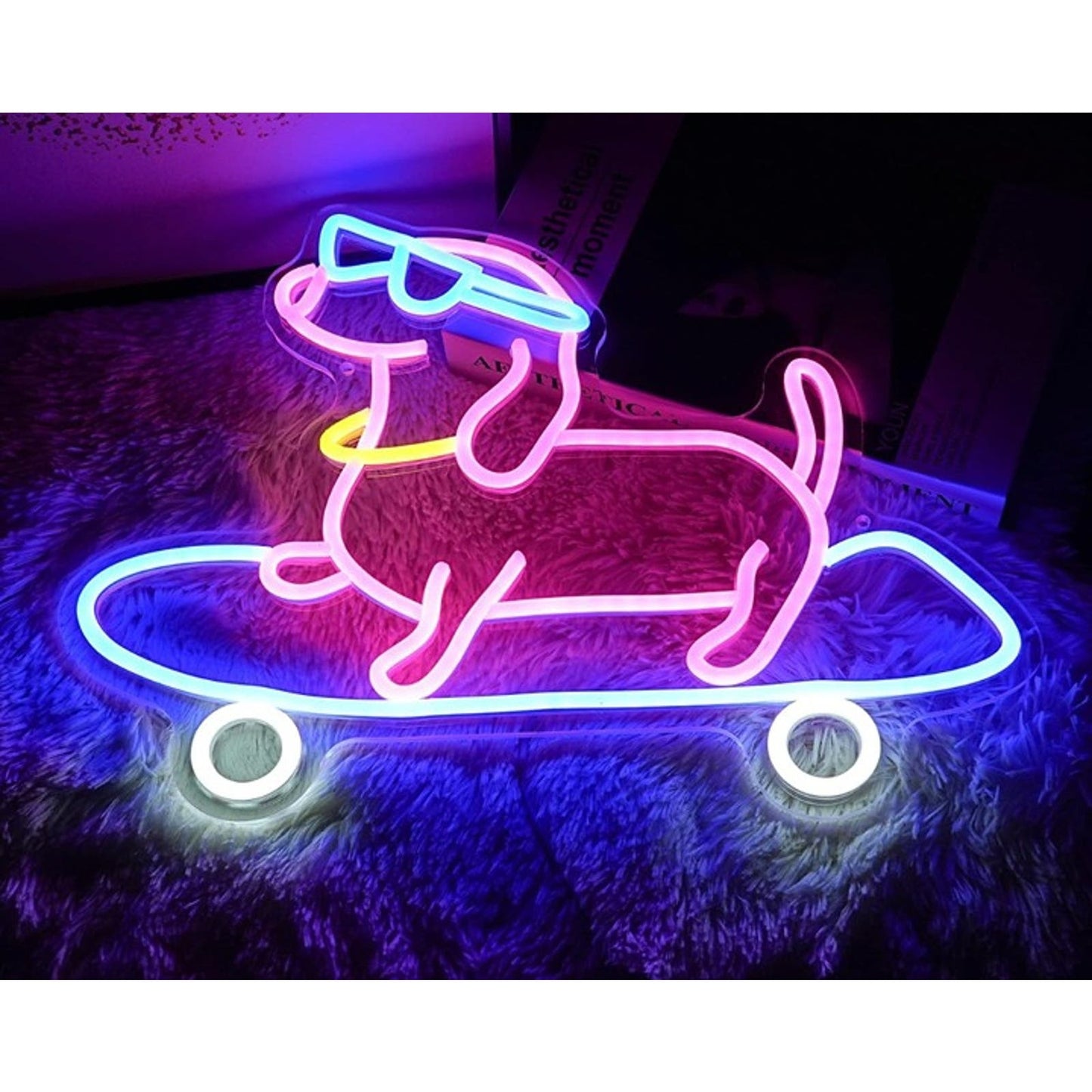 Fun Bright Weiner Dog Riding Skateboard LED Night Light Room Wall Decor