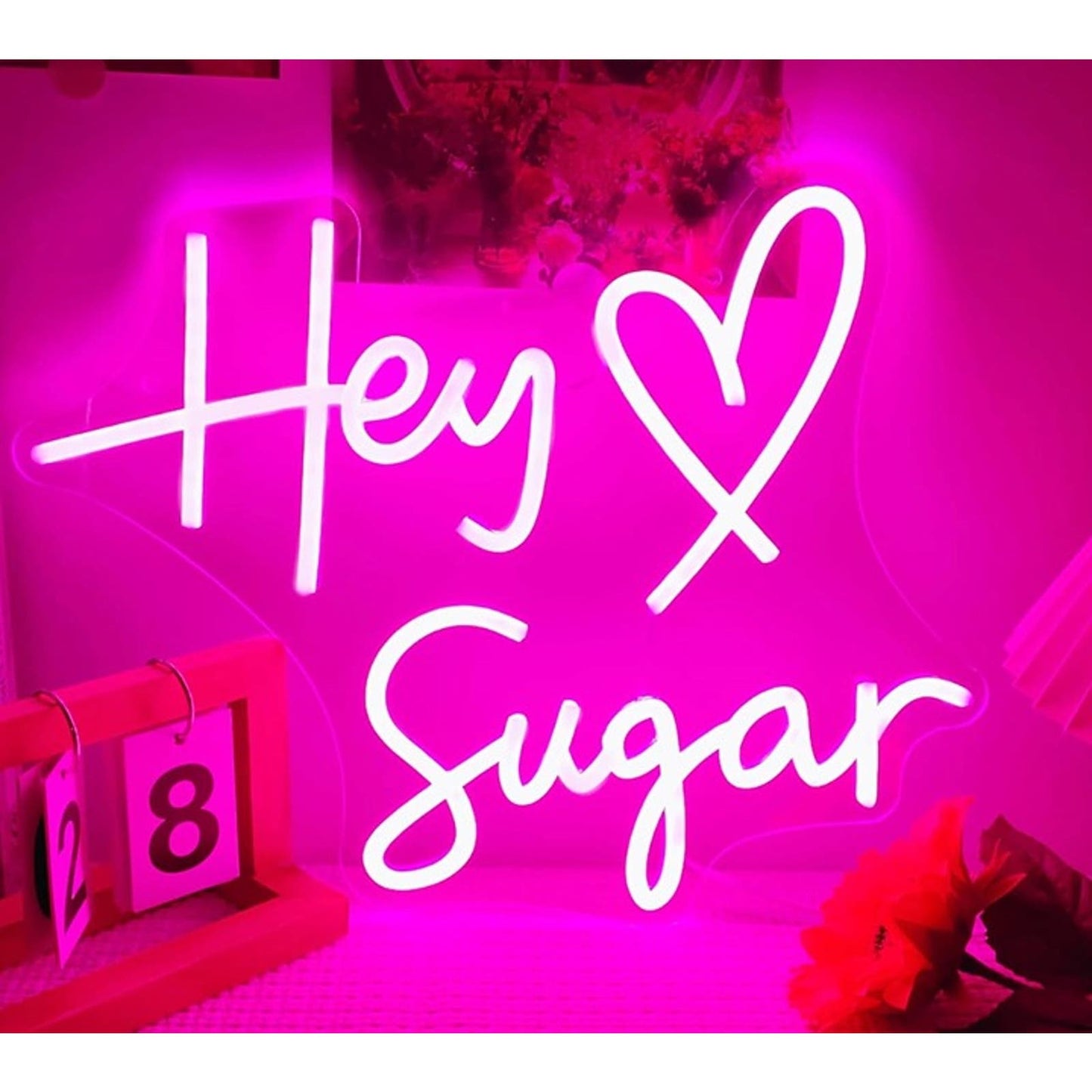 Lovely Bright Pink “Hey Sugar” Pink Heart LED Night Light Room Wall Decor