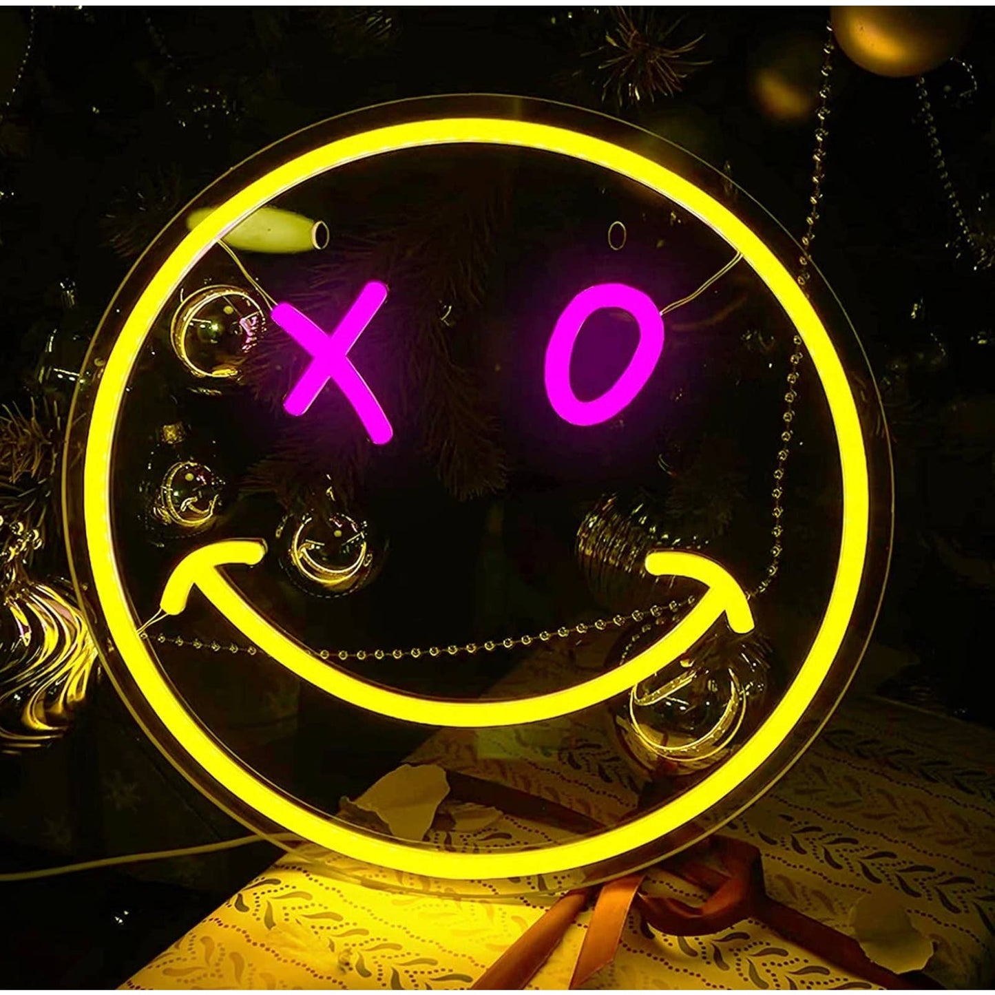 Fun Bright Yellow Pink O X Eye Smiley Face LED Night Light Room Wall Decor