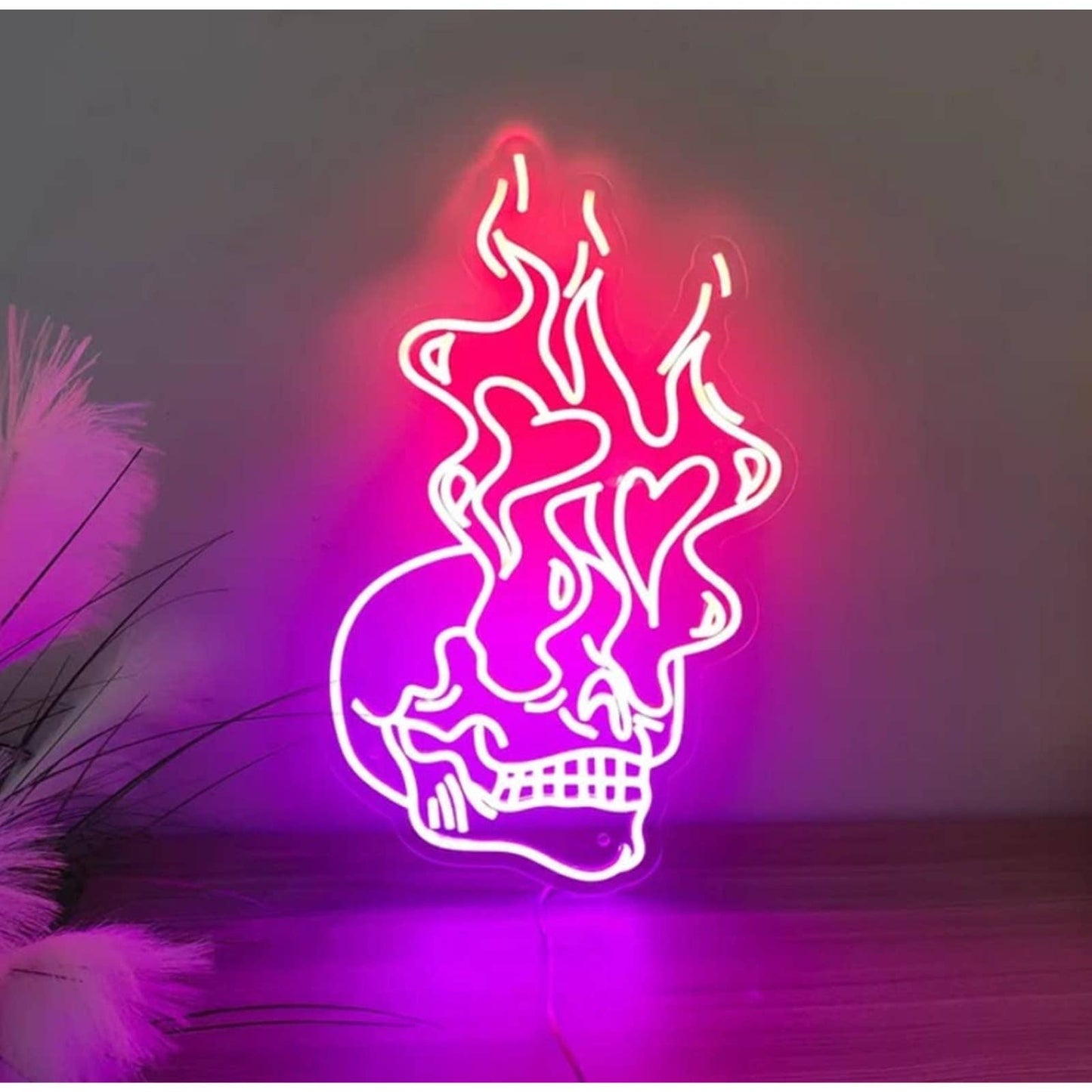 Lovely Bright Pink Skull Raging Heart Fire Eyes LED Night Light Room Wall Art De