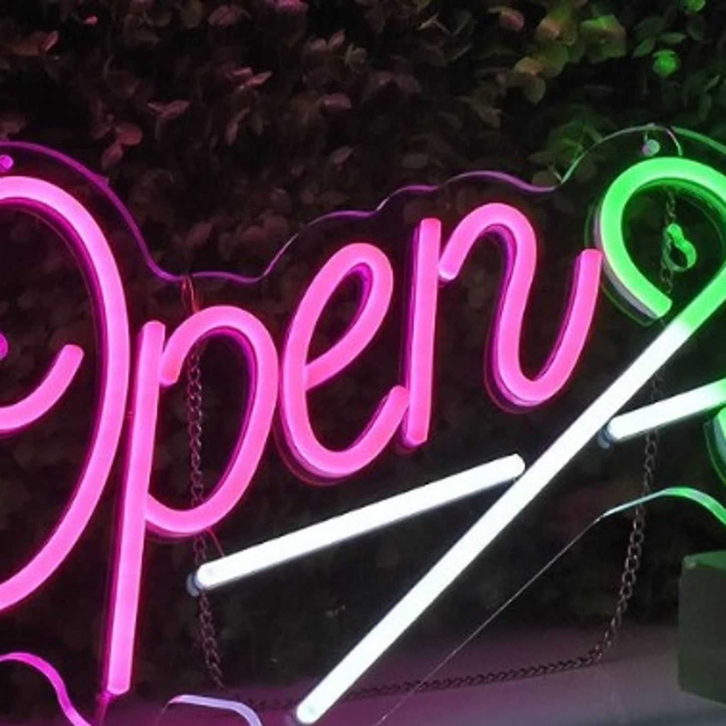 Vivid Bright Pink Open Green Scissors Barber Shop LED Light Salon Sign