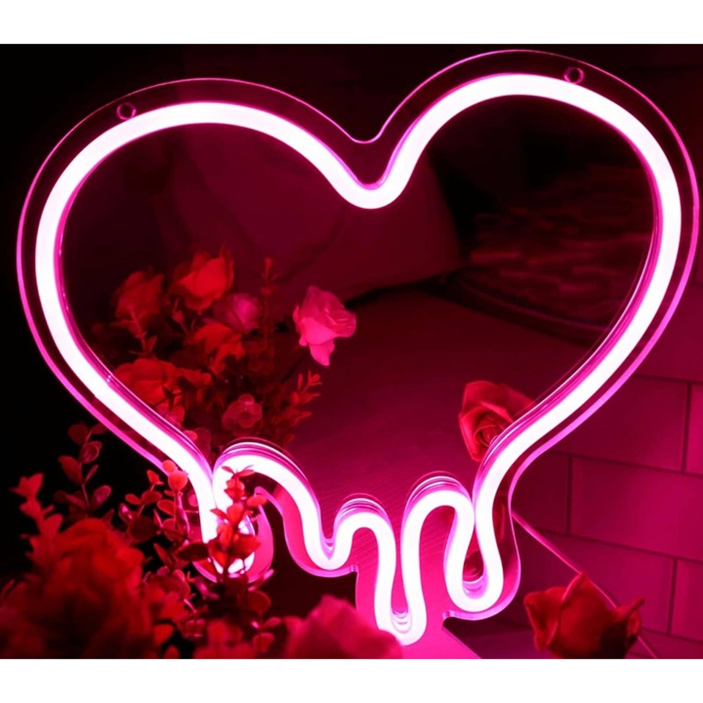 Lovely Bright Pink Melting Heart Mirror LED Night Light Room Wall Decor