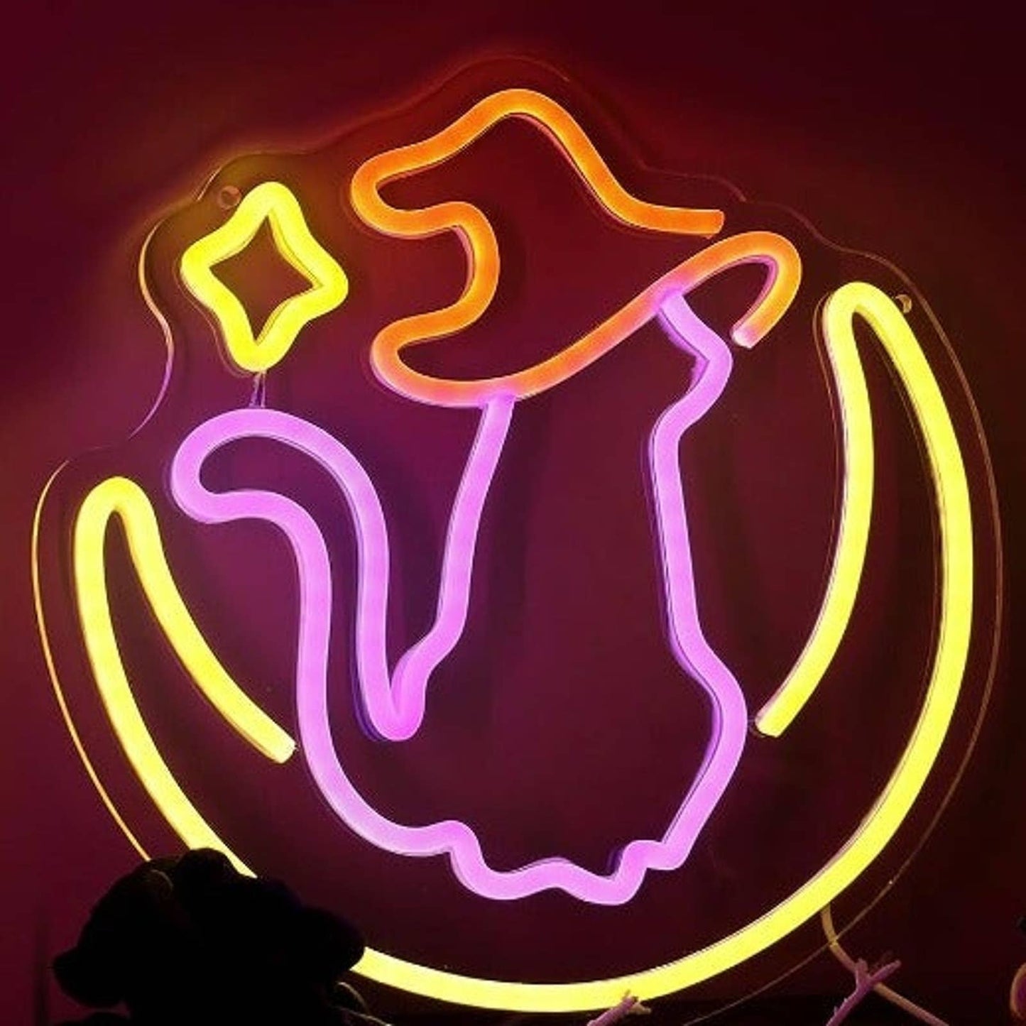 Adorable Pink Witch Kitty Cat Sitting on the Moon LED Night Light Halloween Deco