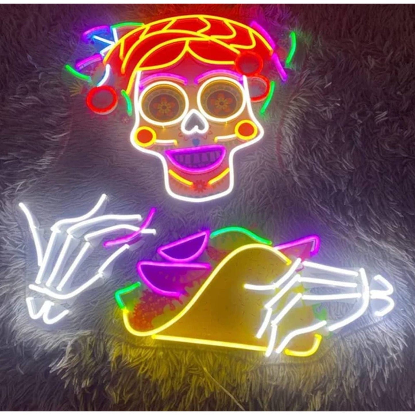 Fun Bright Rainbow Mexican Skull Eating Taco LED Night Light Restaurant Room Wal