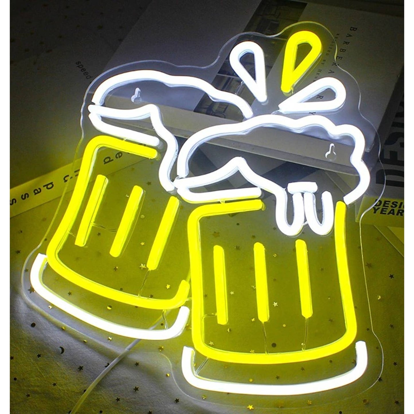 Fun Vivid Bright Yellow/White Cheers Full Beer LED Night Light Party Decor