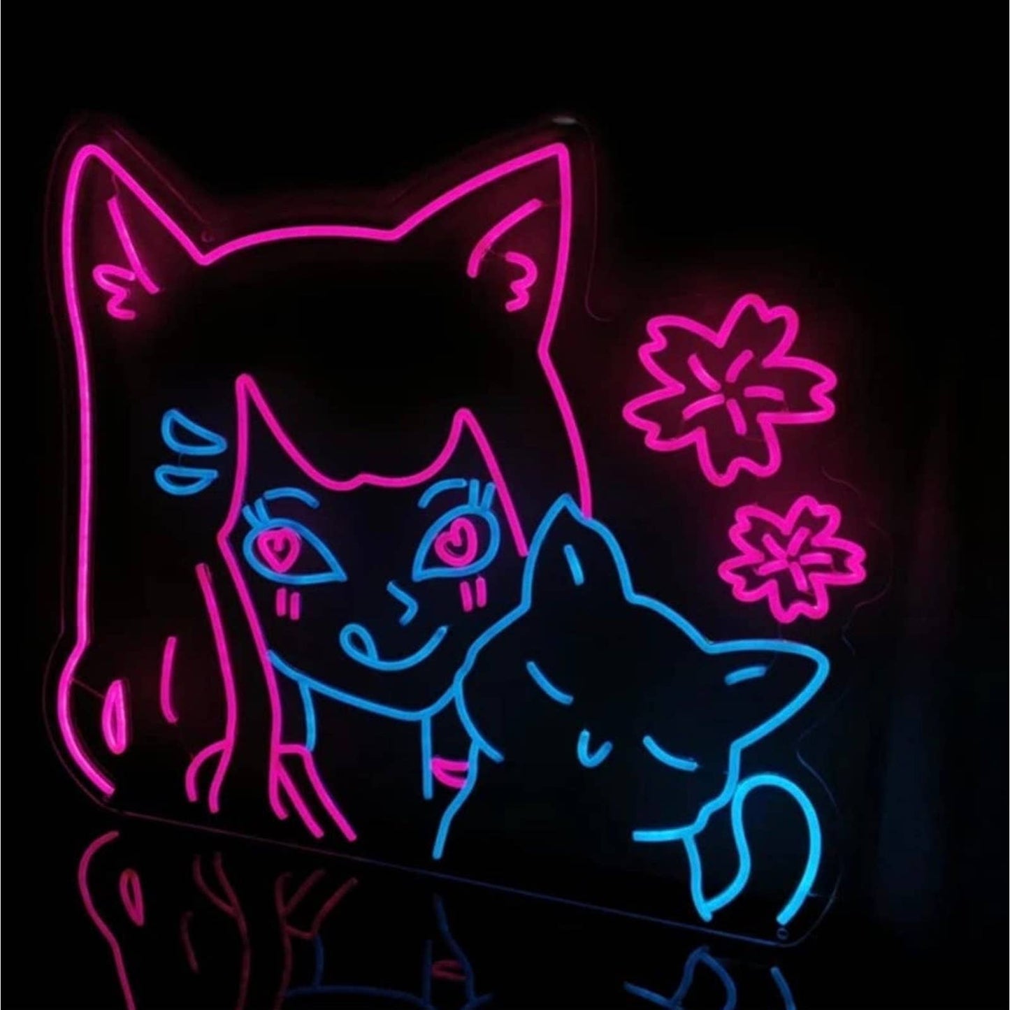Adorable Cute Large Bright Cat Girl & Her Kitty LED Night Light Anime Room Wall