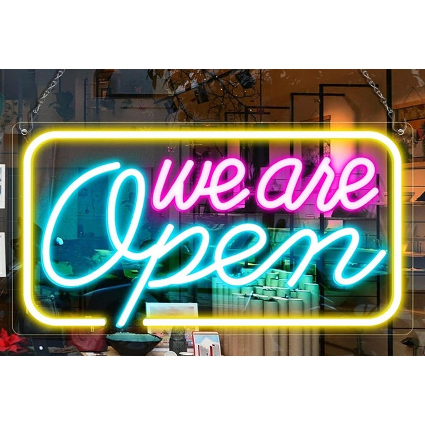 Vivid Bright Yellow, Pink & Blue “We Are Open” LED Light Store Shop Sign