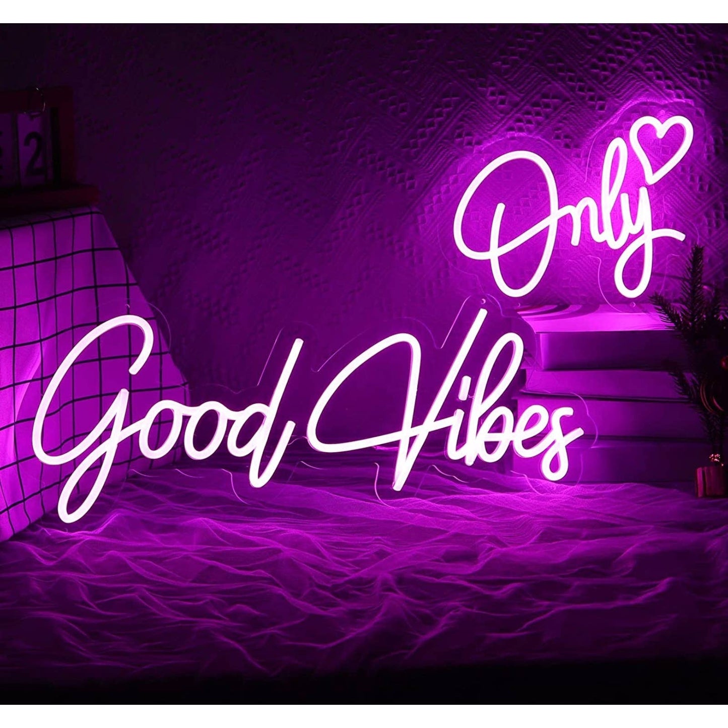 Lovely Bright Vivid Pink Heart “Good Vibes Only” LED Night Light Room Wall Decor