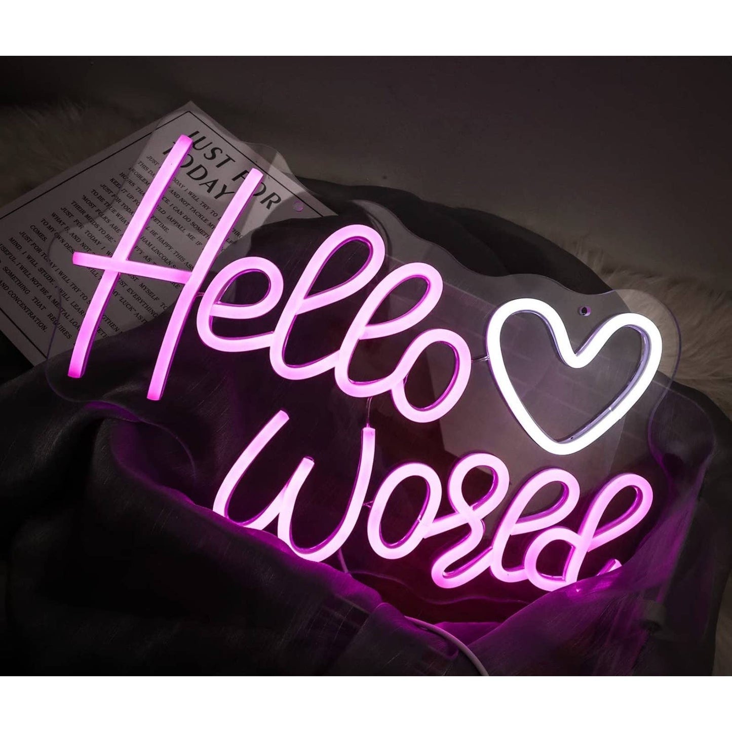 Lovely Bright Pink Hello World White Heart LED Night Light Room Wall Decoration