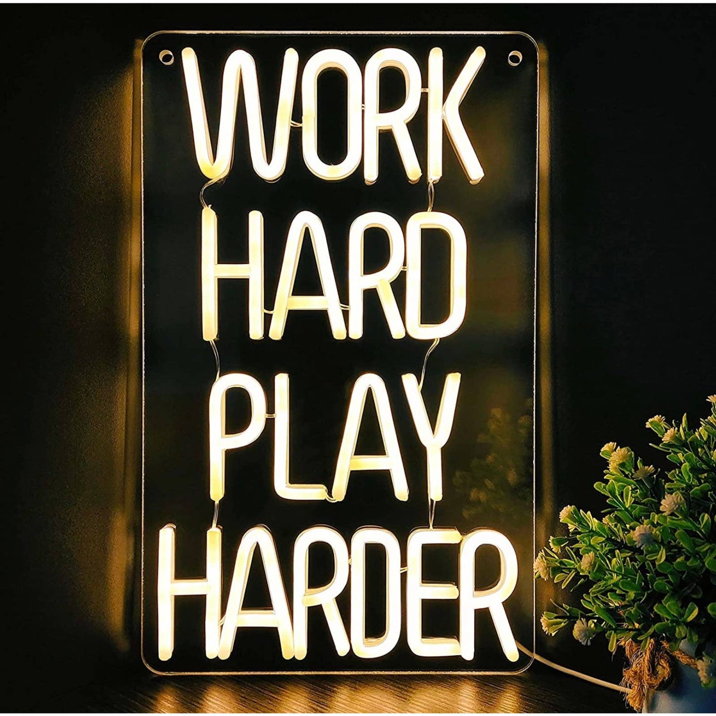 Motivational Bright White Work Hard Play Harder LED Night Light Room Wall Decora