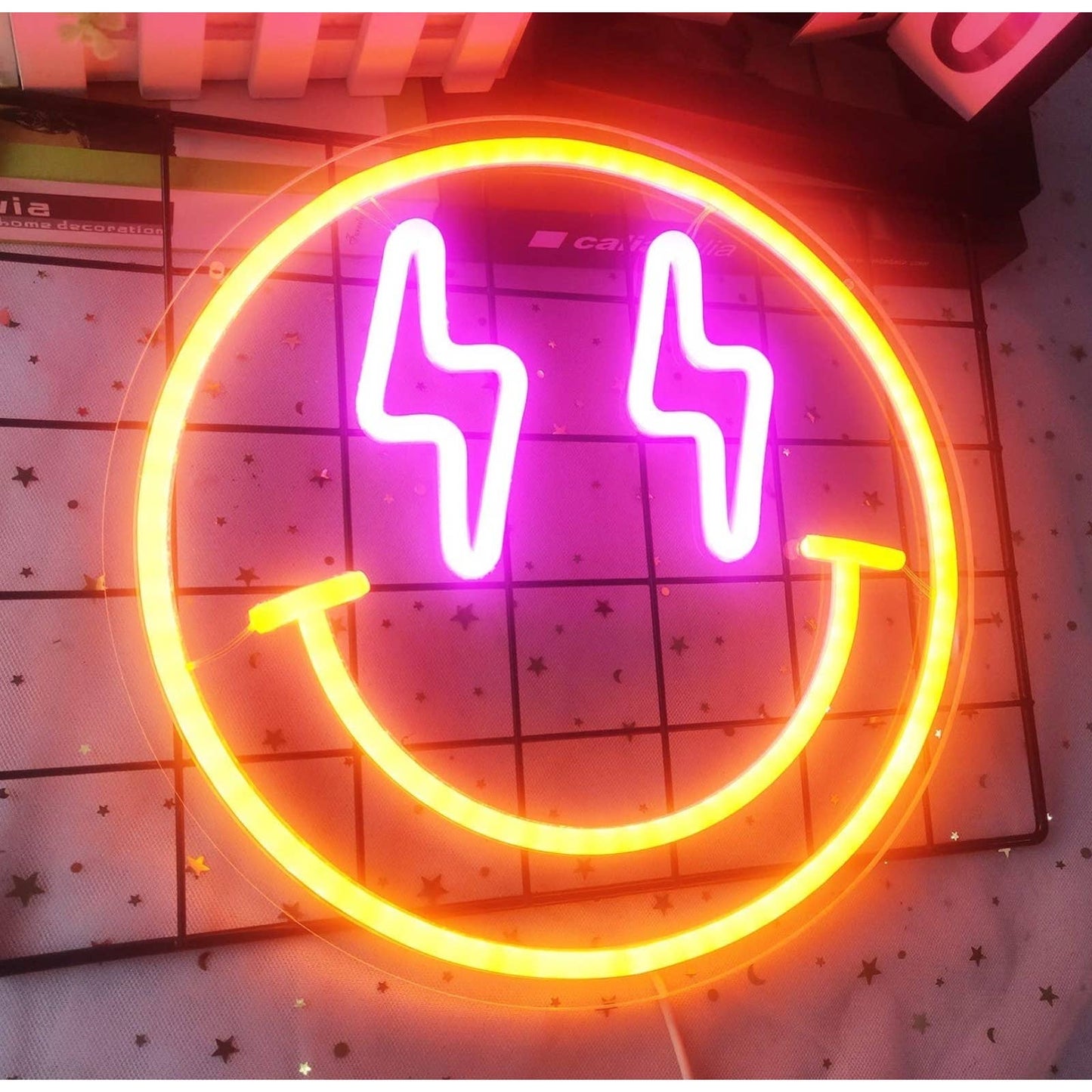Lovely Bright Yellow Pink Lightning Bolt Eyes Smiley Face LED Night Light Decor