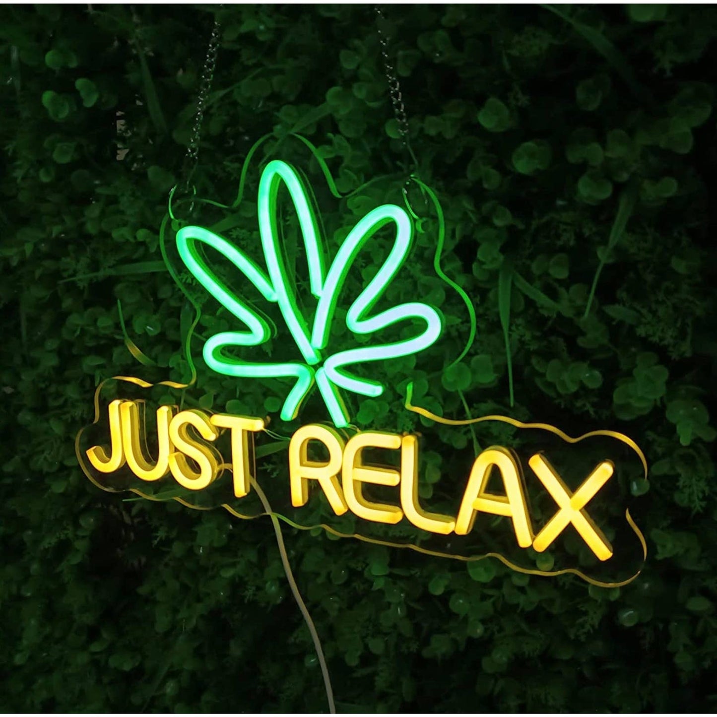 Bright Warm White / Green Just Relax Plant LED Night Light Sign Room Wall Decor