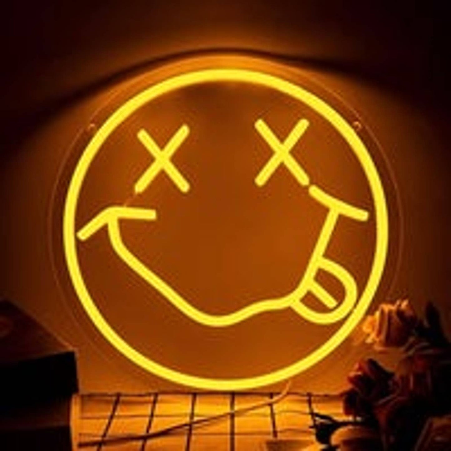 Fun Bright Yellow X-Eye Smiley Face LED Night Light Room Wall Decoration