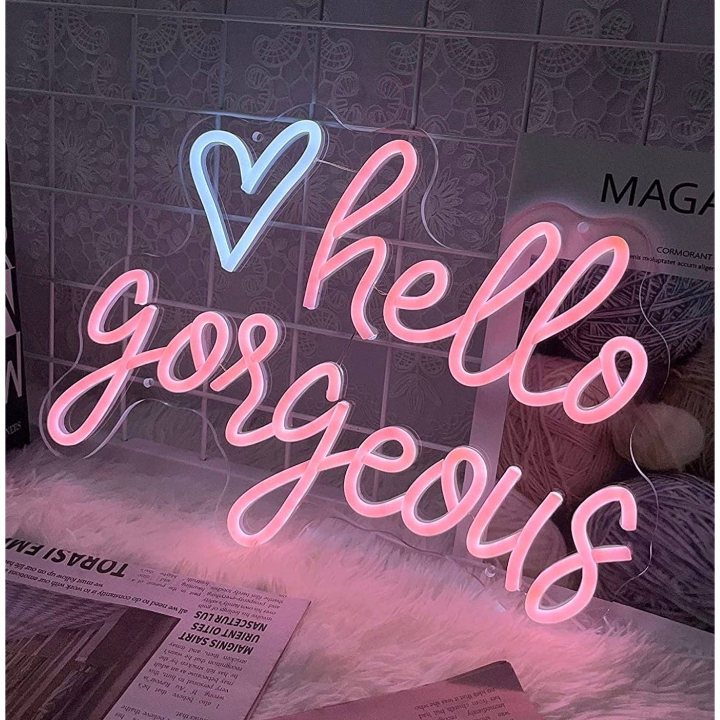 Adorable Bright Soft Pink Hello Gorgeous White Heart LED Night Light Room Wall D