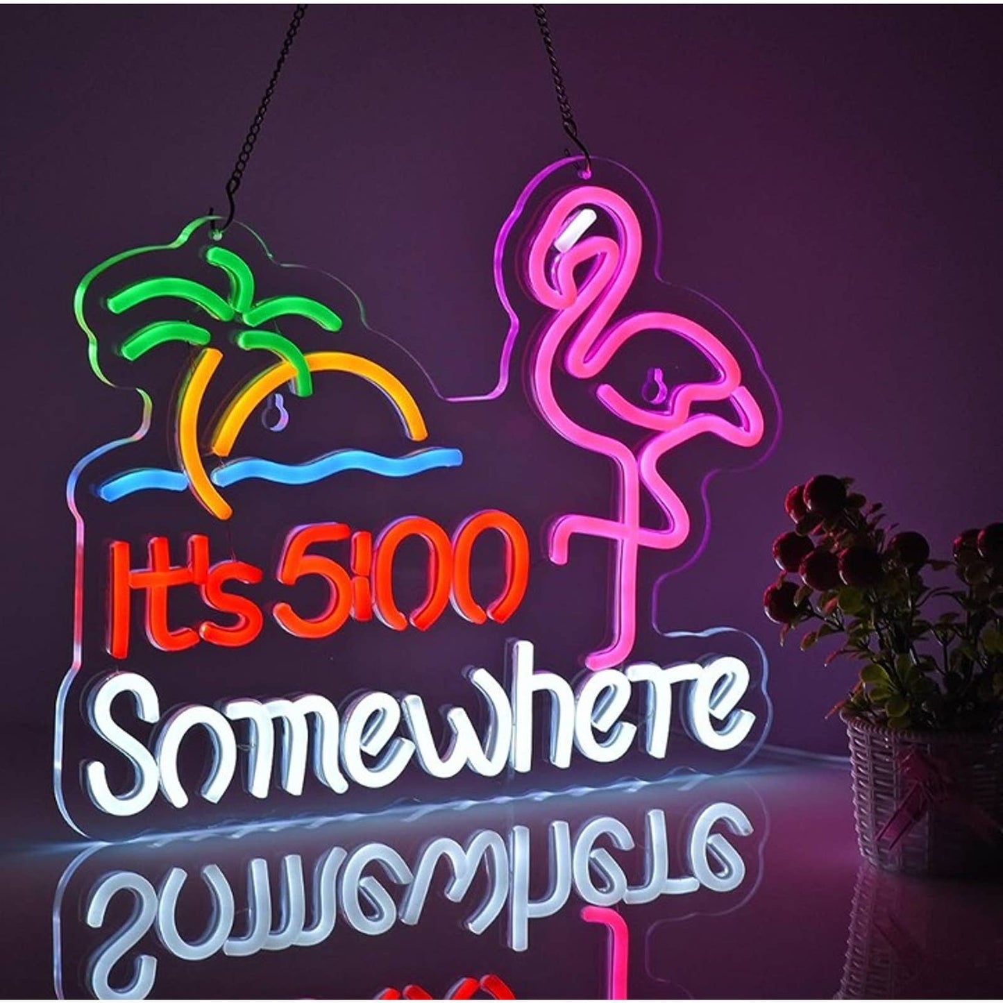 Vivid Colorful Tropical Palm Tree Flamingo Beach Sunset LED Light Bar Party Deco