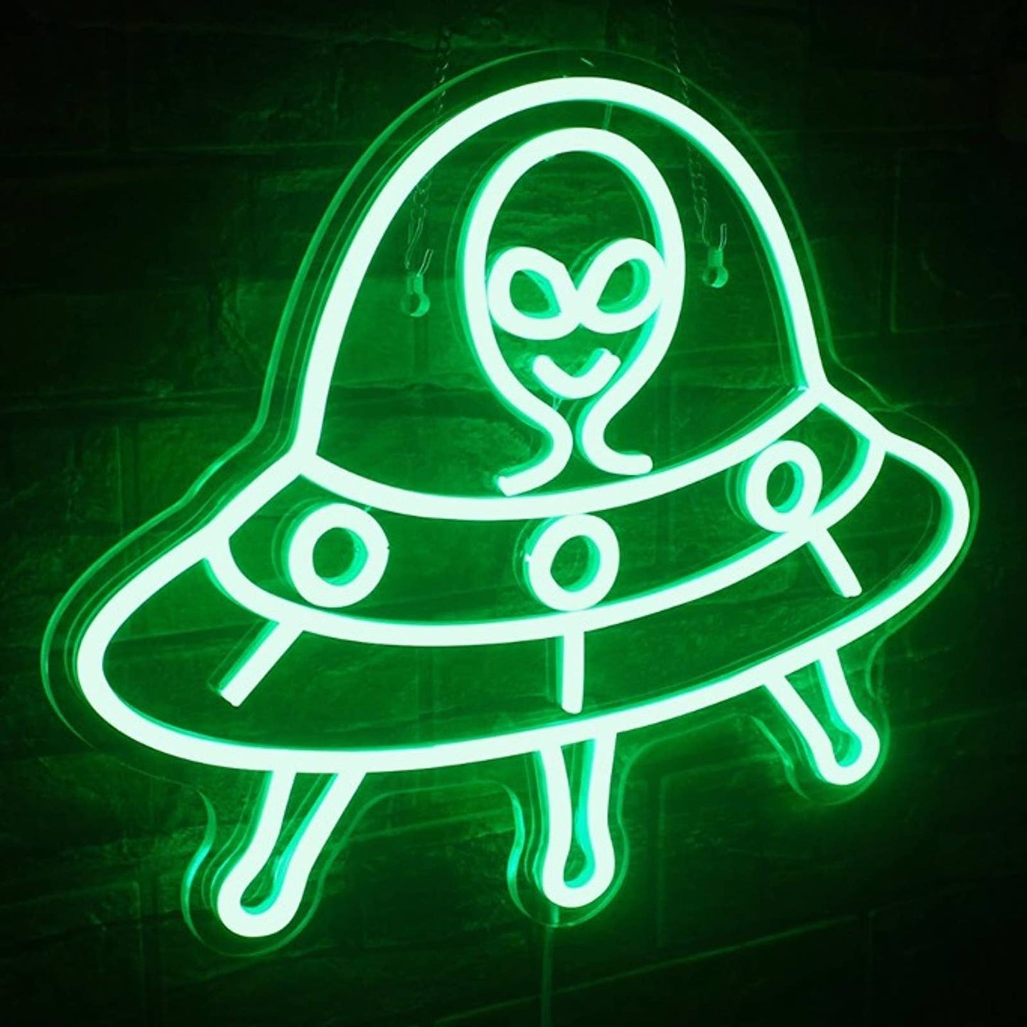 Fun Vivid Bright Green Space Alien in Flying Saucer UFO LED Light Wall Decor