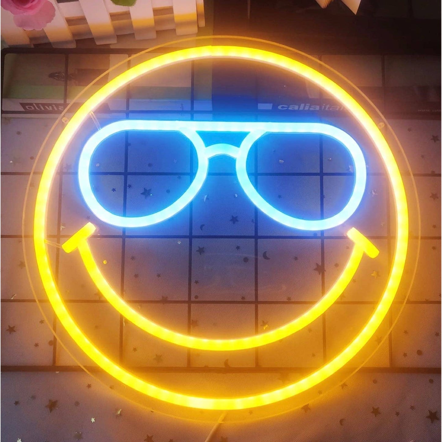 Fun Bright Yellow Smiley Face w Blue Sunglasses LED Night Light Room Wall Decor