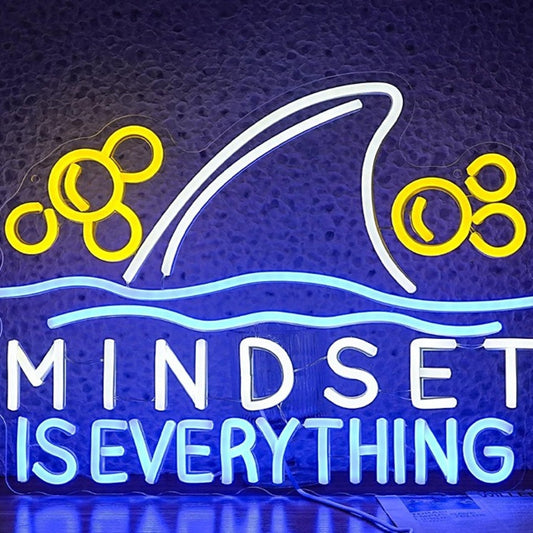 Vivid Bright Blue Shark Fin “Mindset is Everything” Night Light Room Wall Decor