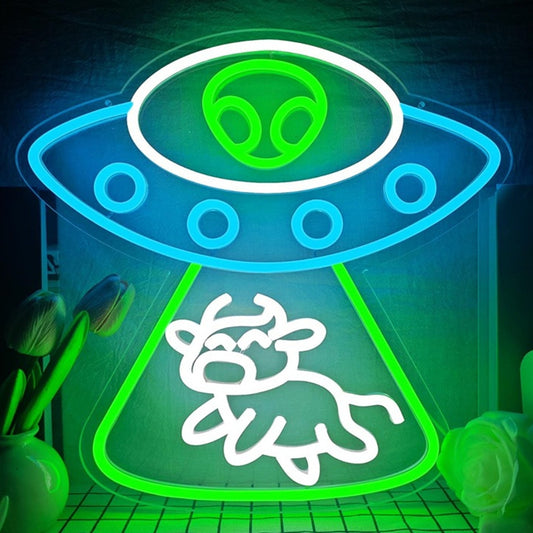 Fun Bright Alien in a Spaceship UFO Abducting a Cow LED Night Light Room Decor