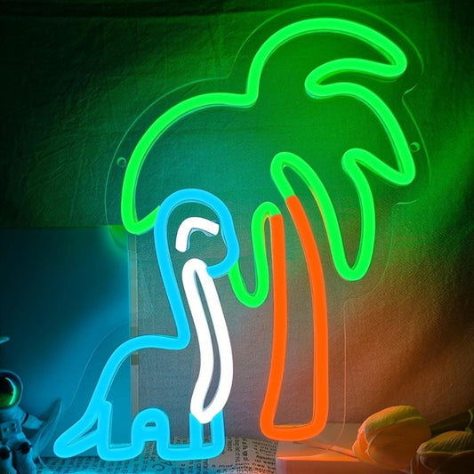 Fun Bright Blue Dinosaur Next to a Palm Tree LED Night Light Room Wall Decor