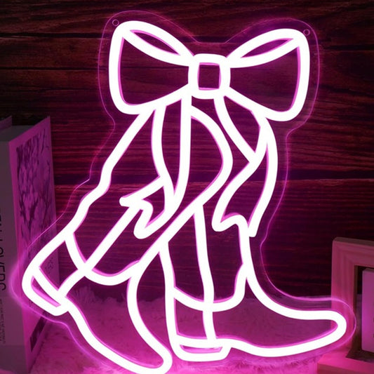 Lovely Bright Pink Bow Cowgirl Boots LED Night Light Room Wall Decoration