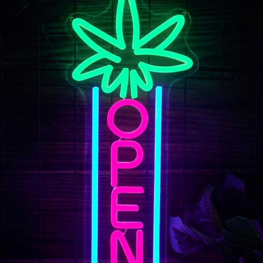 Vivid Bright Green High Leaf Vertical “Open” Sign LED Light Store Business