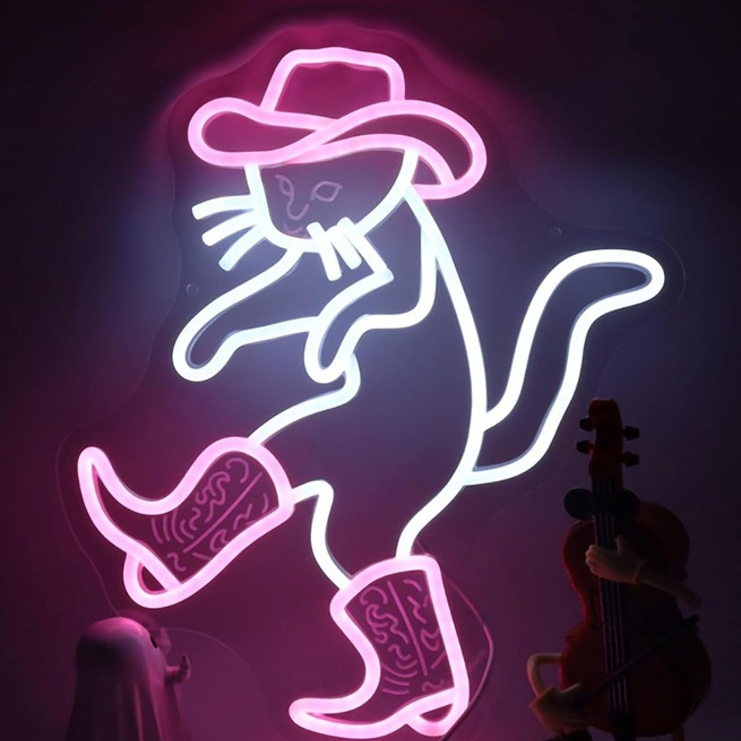 Fun Bright Cowboy Kitty Cat in Hat and Boots LED Night Light Room Wall Decor