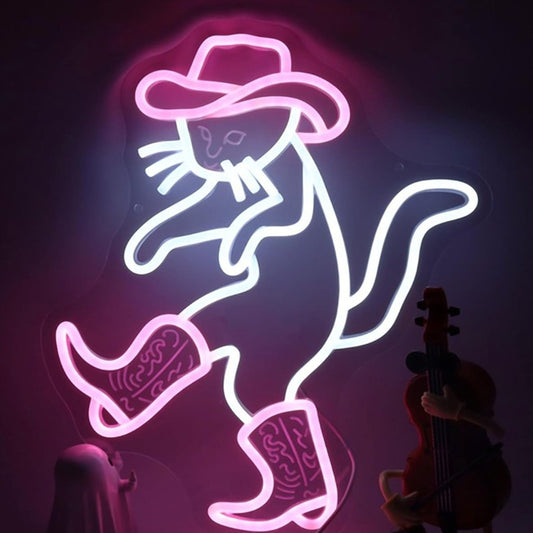 Fun Bright Cowboy Kitty Cat in Hat and Boots LED Night Light Room Wall Decor