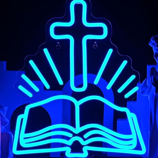 Vivid Bright Blue Cross and Bible LED Night Light Religious Decoration